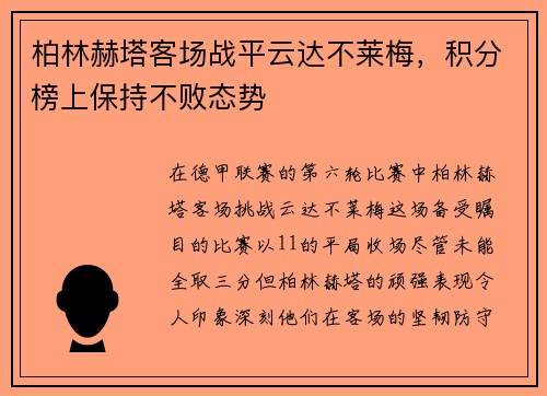 柏林赫塔客场战平云达不莱梅，积分榜上保持不败态势